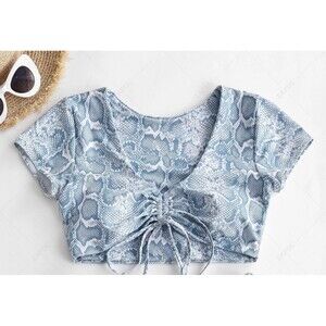 Zaful Swim Crop Top Womens Small Blue Snake‎ print Cinched Padded